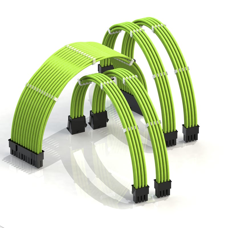 LINKUP - AVA 30cm PSU Cable Extension Sleeved Custom Mod GPU PC Braided w/Comb Kit | 1 x 24 P (20+4) | 2 x 8 P (4+4) CPU | 2 x 8 P (6+2) GPU Set | 300mm - Green - Image 1